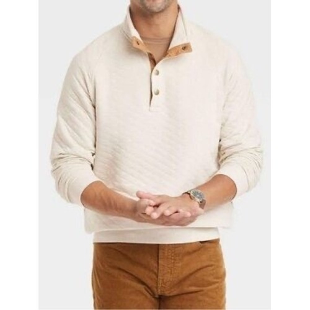 Goodfellow & Co Mens XXL Cream Quilted Snap Mock Neck Pullover Sweatshirt